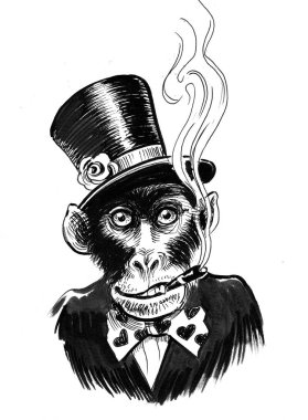 Silindir şapkalı bir maymun puro içiyor. Mürekkep siyah beyaz çizim