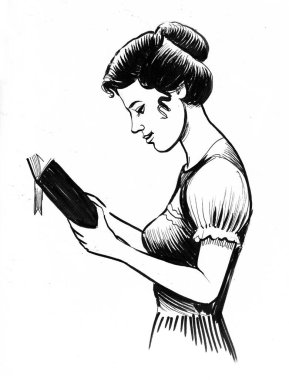 Kitap okuyan güzel bir bayan. Mürekkep siyah beyaz çizim