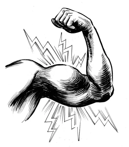 Hand Flexing Biceps Ink Black White Drawing — Stock Photo, Image