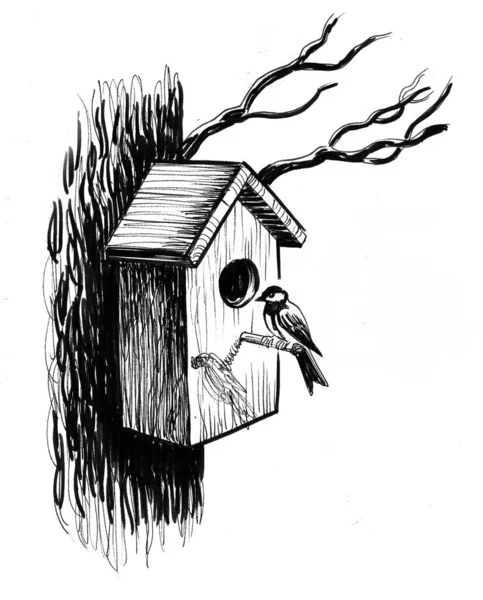Pták Ptačí Budce Černobílá Kresba Inkoustu — Stock fotografie