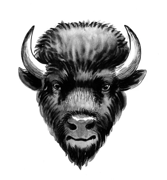 Bison Hoofd Inkt Aquarel Illustratie — Stockfoto