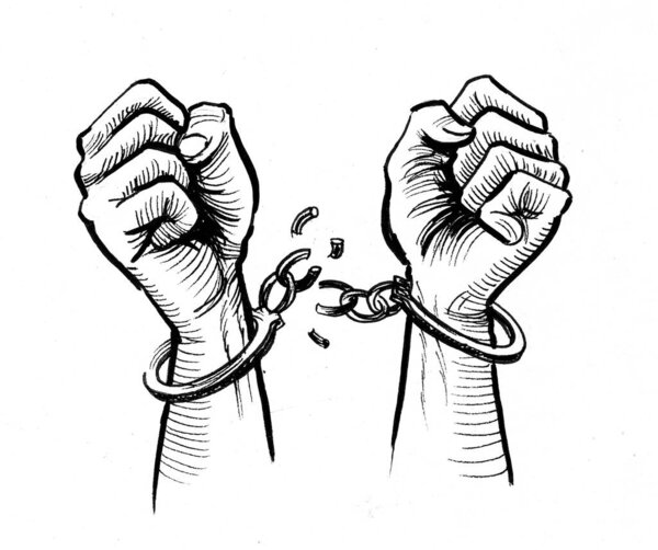 Hands breaking handcuffs. Ink black and white drawing