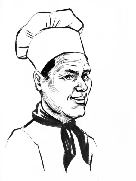 Chef Sonriente Dibujo Blanco Negro Tinta — Foto de Stock