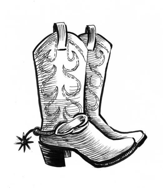 Para Kowbojskich Butów Czarno Biały Rysunek Atramentu — Zdjęcie stockowe