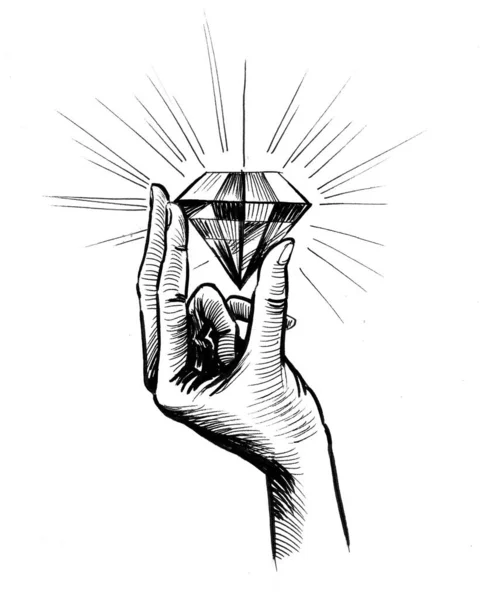 Hand Holding Shining Diamond Ink Black White Drawing — Stock Photo, Image