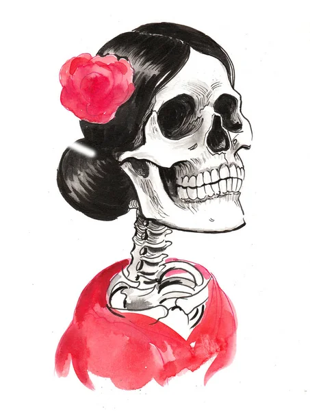Dead Flamenco dancer. Ink and watercolor illustration