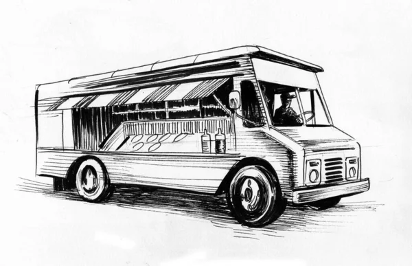 Camion Alimentaire Américain Encre Dessin Noir Blanc — Photo