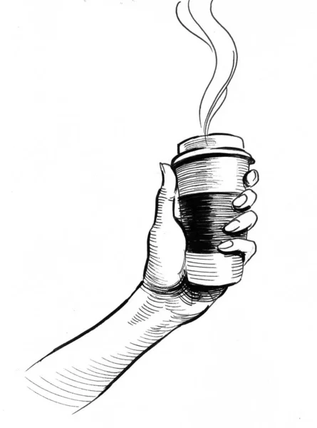 Ένα Φλιτζάνι Καφέ Που Κρατάει Χέρι Μελάνι Ασπρόμαυρο Σχέδιο — Φωτογραφία Αρχείου