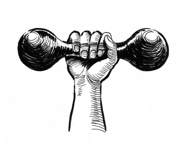 Hand Dumbbell Ink Black White Drawing — Stock Photo, Image