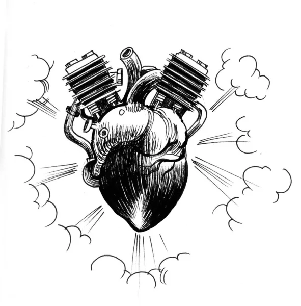 Srdce Jako Motor Černobílá Kresba Inkoustu — Stock fotografie