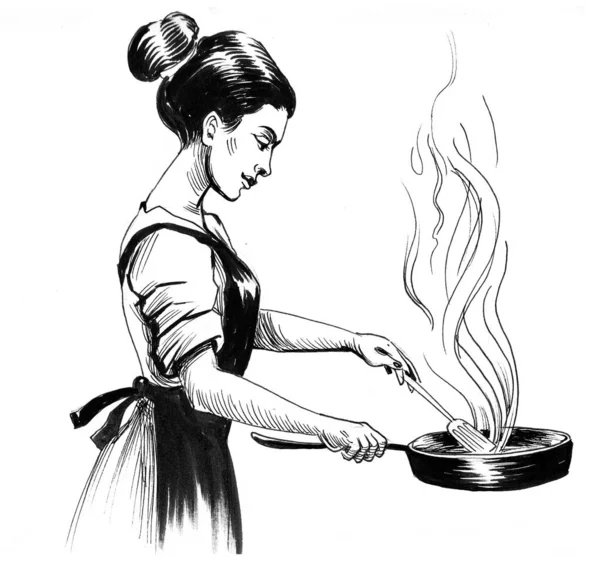 Housewife Cooking Ink Black White Drawing — Stock Photo, Image