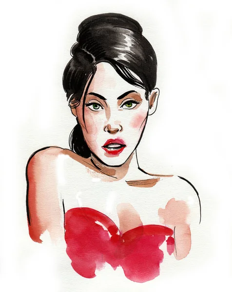 赤いドレスの美しい女性 水墨画 — ストック写真