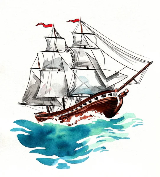 Sailing ship in stormy sea. Ink and watercolor illustration