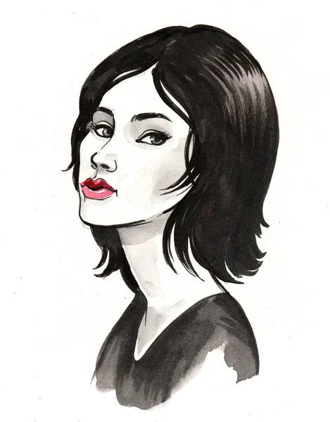 Jolie Femme Brune Illustration Encre Aquarelle — Photo