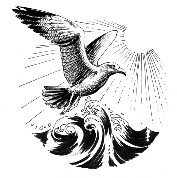 Γλάρος Πετάει Πάνω Από Φουρτουνιασμένη Θάλασσα Μελάνι Ασπρόμαυρο Σχέδιο — Φωτογραφία Αρχείου