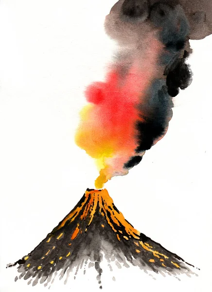 Erupción Del Volcán Ilustración Tinta Acuarela —  Fotos de Stock