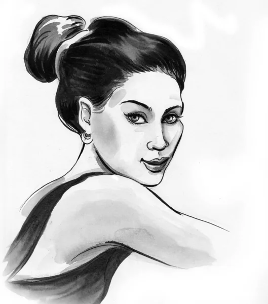 Krásná Žena Inkoust Akvarel Ilustrace — Stock fotografie