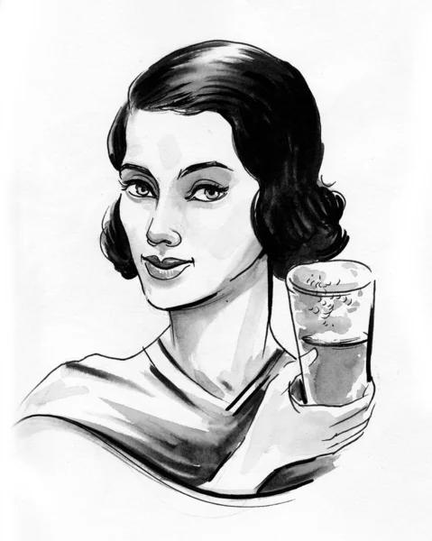 Μια Μελαχρινή Πίνει Μπύρα Μελάνι Ασπρόμαυρο Σχέδιο — Φωτογραφία Αρχείου