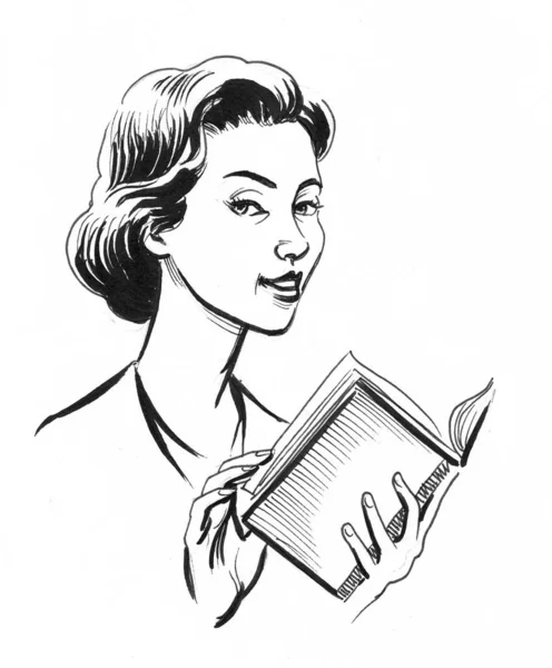 Ładna Kobieta Czytająca Książkę Czarno Biały Rysunek Atramentu — Zdjęcie stockowe