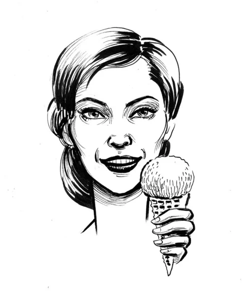 Dondurma Yiyen Güzel Bir Kadın Mürekkep Siyah Beyaz Çizim — Stok fotoğraf