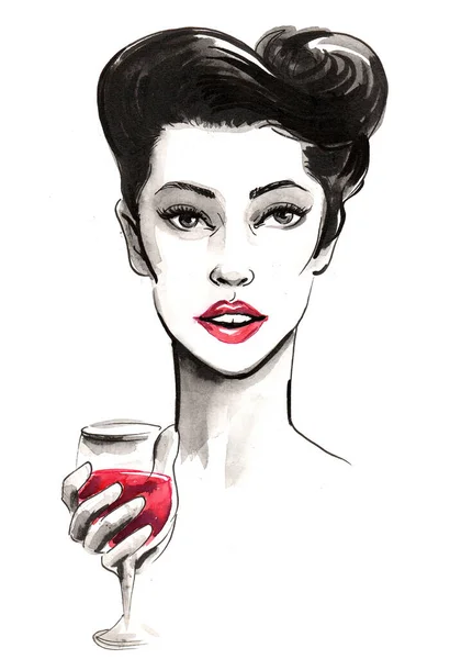 Jolie Femme Avec Verre Vin Rouge Illustration Encre Aquarelle — Photo