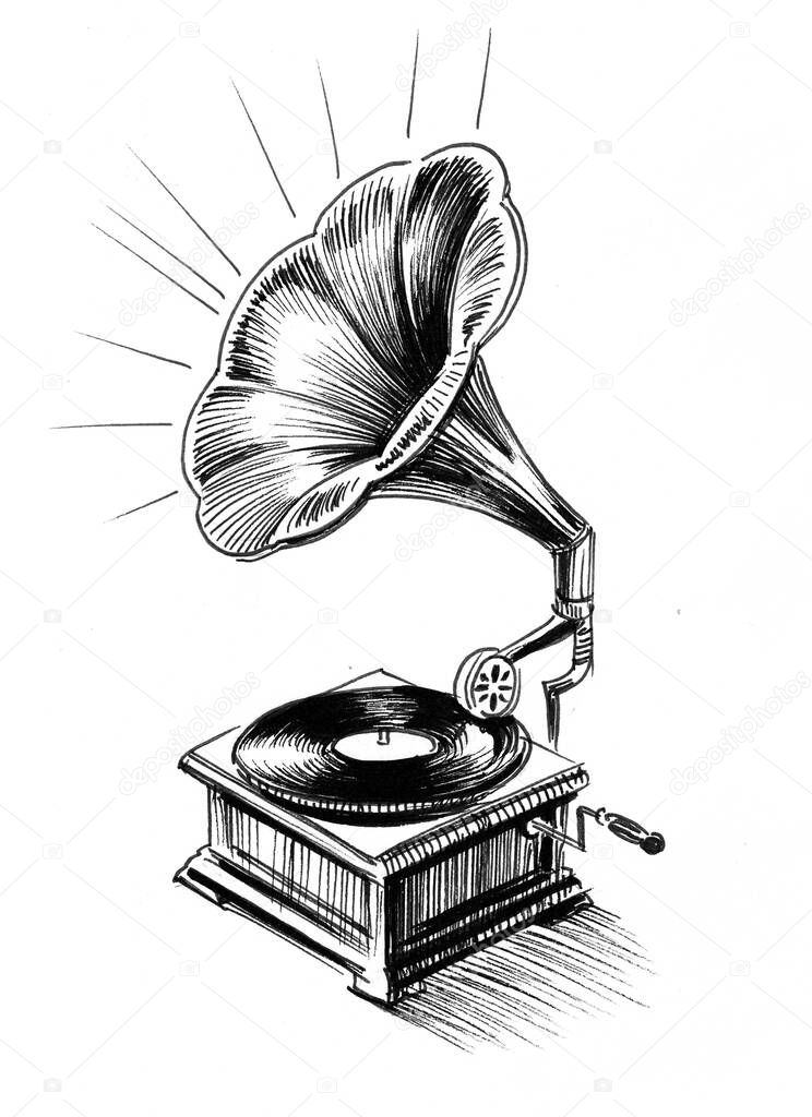 Retro gramophone. Ink black and white drawing