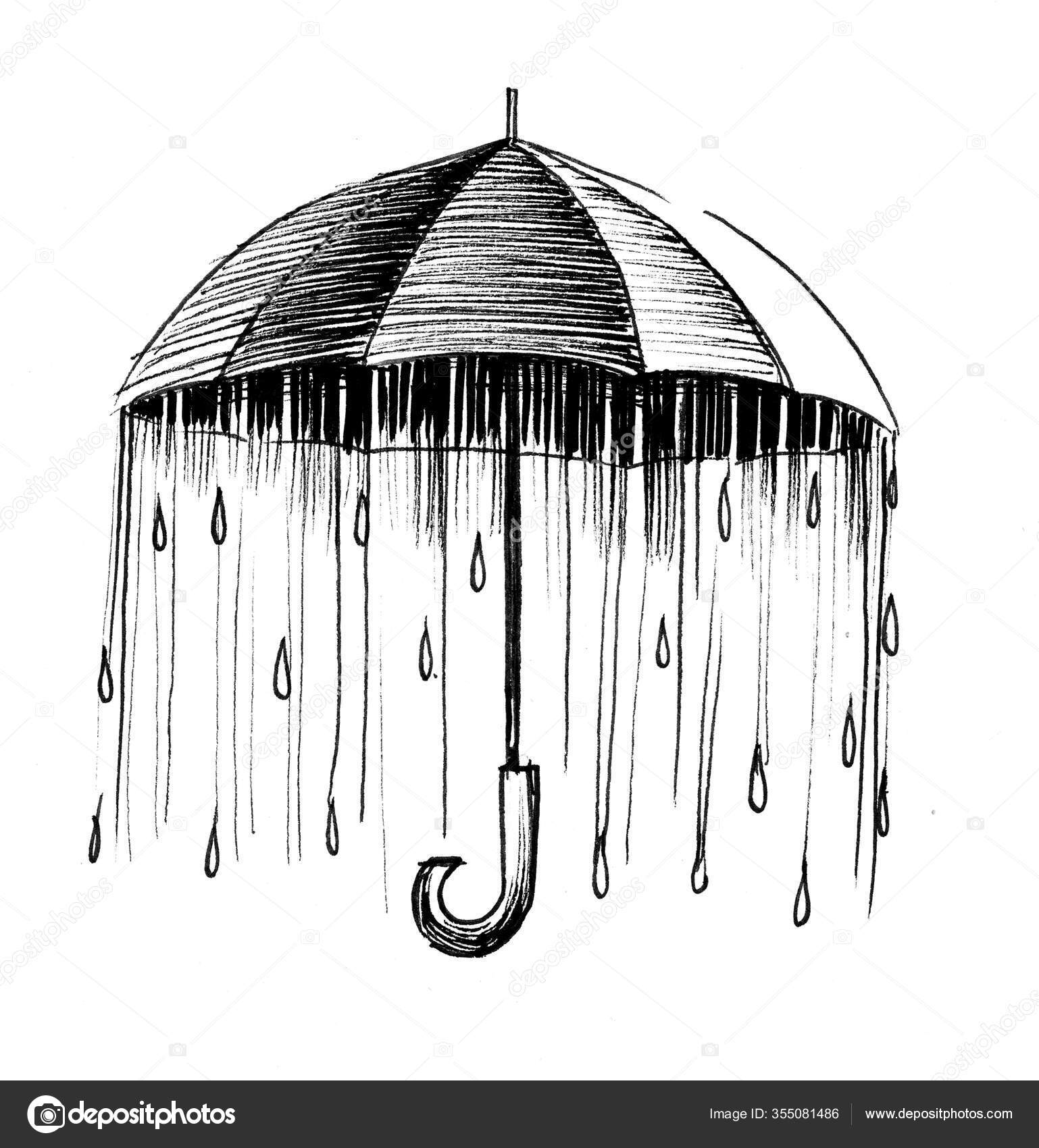 Umbrella Rain Ink Black White Drawing Stock Illustration by