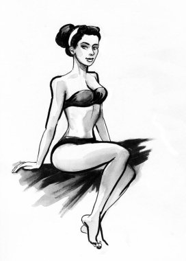 Mayo giymiş güzel bir kadın. Mürekkep siyah beyaz çizim