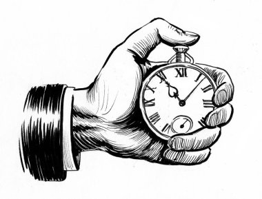 El ele tutuşma saati. Mürekkep siyah beyaz çizim