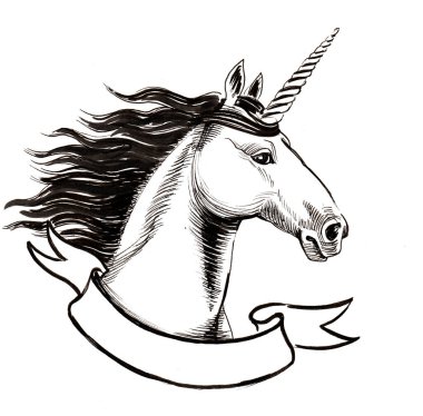 Tek boynuzlu at kafası. Mürekkep siyah beyaz çizim