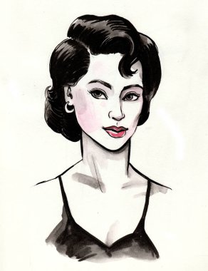 Güzel bir kadın. Mürekkep ve suluboya illüstrasyon