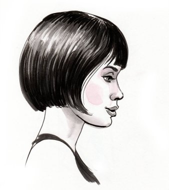 Saç tıraşlı güzel bir kadın. Mürekkep ve suluboya çizimi