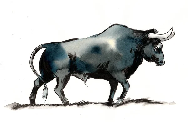 Grote Sterke Zwarte Stier Inkt Aquarel Illustratie — Stockfoto