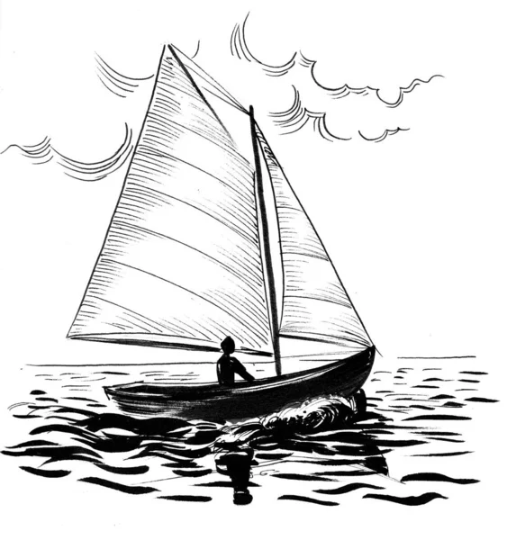 Kis Vitorlás Hajó Tinta Fekete Fehér Rajz — Stock Fotó