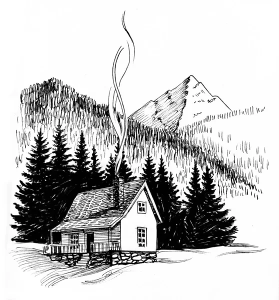 Cabana Nas Montanhas Tinta Desenho Preto Branco — Fotografia de Stock