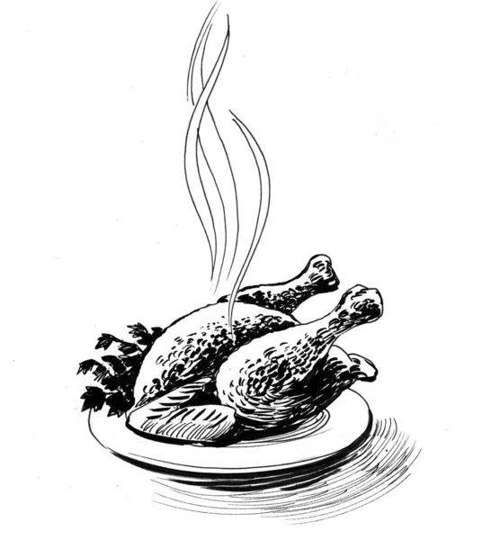 Sült Csirke Egy Tányéron Tinta Fekete Fehér Rajz — Stock Fotó