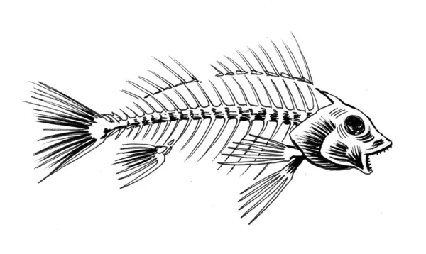 Balık Iskeleti Mürekkep Siyah Beyaz Çizim — Stok fotoğraf