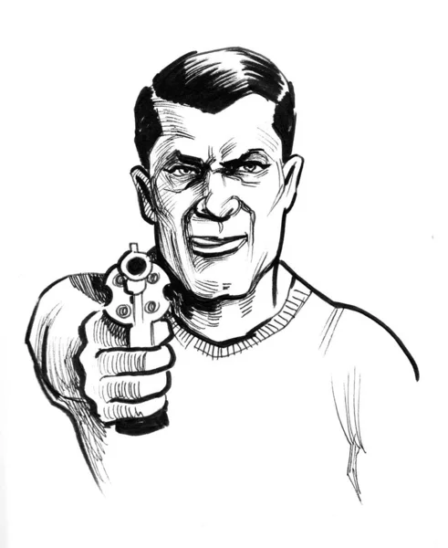 Gangster Pointant Son Arme Sur Spectateur Encre Dessin Noir Blanc — Photo