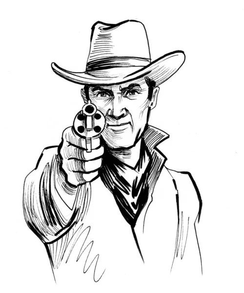 Vaquero Apuntando Pistola Revólver Espectador Dibujo Blanco Negro Tinta —  Fotos de Stock