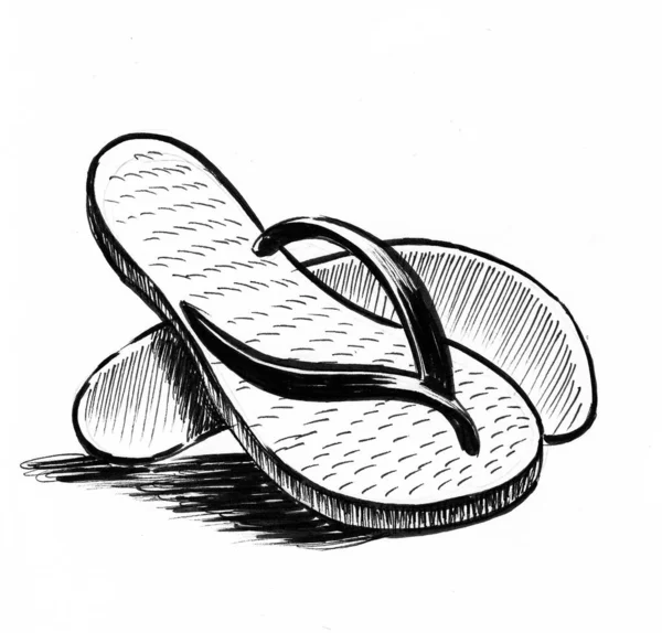 Paar Flip Flops Schwarz Weiße Tuschezeichnung — Stockfoto