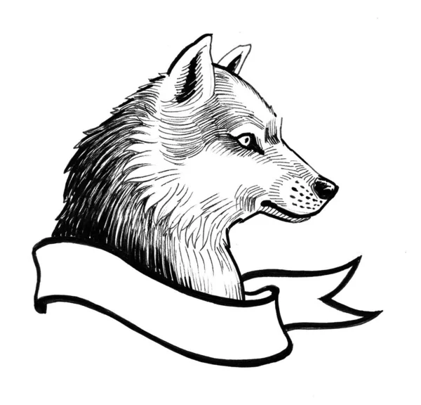 Husky Dog Head Ink Black White Drawing — Stock Photo, Image