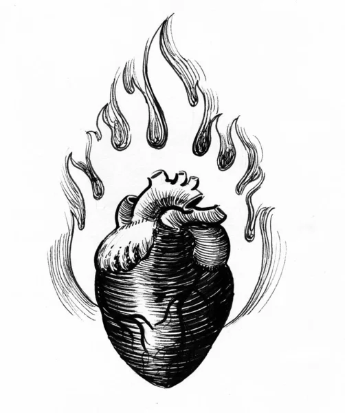Płonące Serce Czarno Biały Rysunek Atramentu — Zdjęcie stockowe
