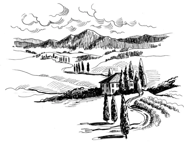 Italian landscape. Ink black and white drawing