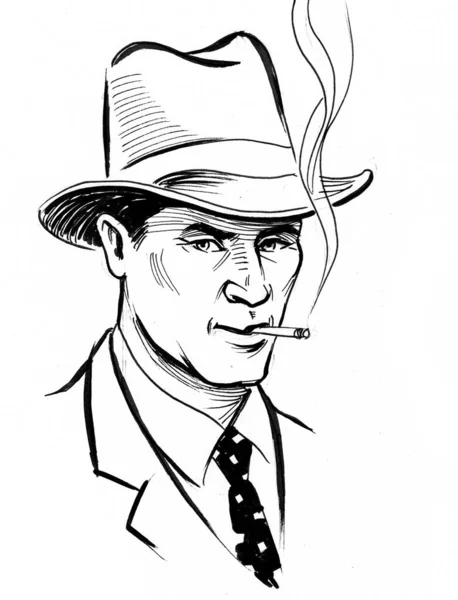Pohledný Muž Obleku Kravatě Klobouku Kouřící Cigaretu Černobílá Kresba Inkoustu — Stock fotografie