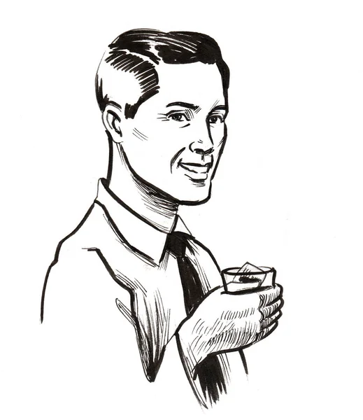 Hombre Guapo Con Vaso Whisky Dibujo Blanco Negro Tinta —  Fotos de Stock