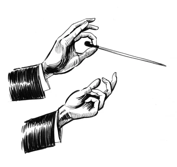 音乐指挥家手握一根魔杖 墨水黑白画 — 图库照片