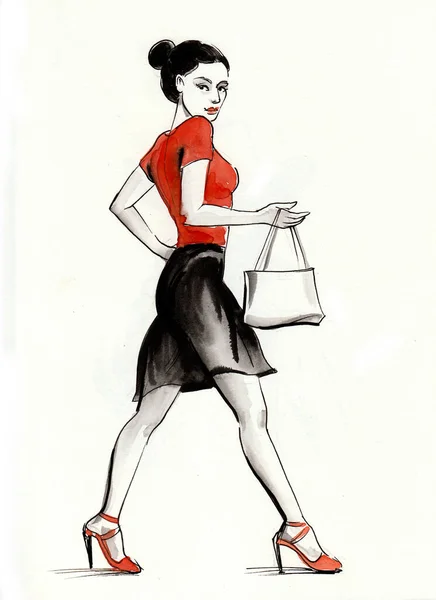 Una Mujer Bonita Con Una Bolsa Tocador Ilustración Tinta Acuarela — Foto de Stock