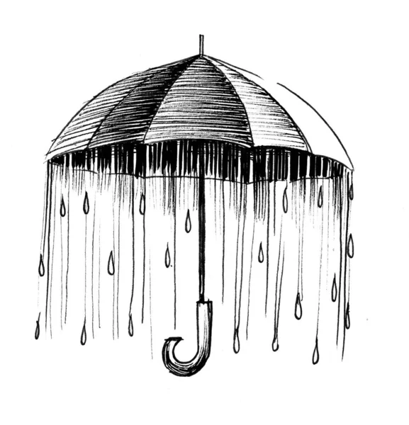 Umbrella Rain Ink Black White Drawing — Stock fotografie