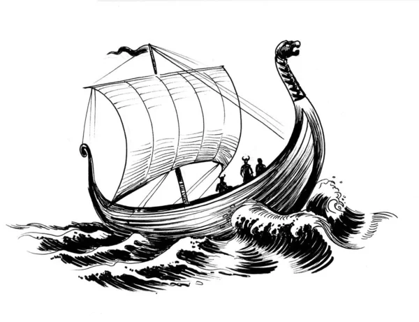 Viking Ship Stormy Sea Ink Black White Drawing — Stock fotografie