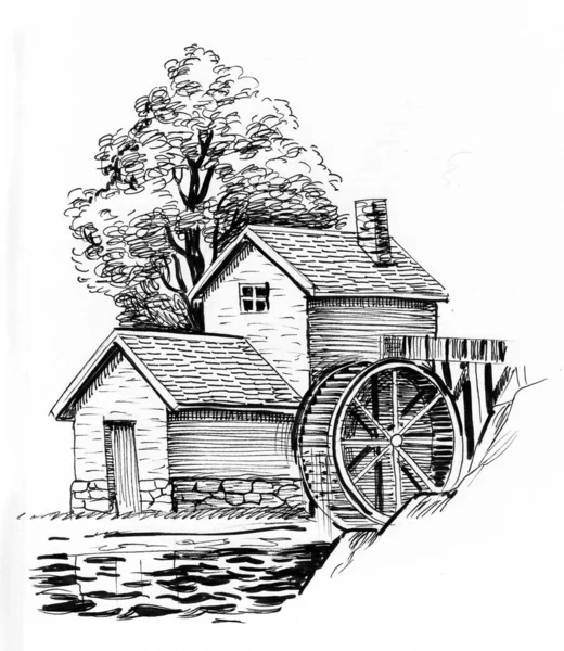 Water Mill Ink Black White Drawing — Stock fotografie